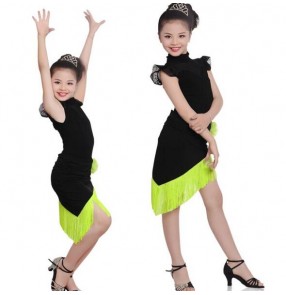Black neon green patchwork turtle neck girls kids child children fringes competition sleeveless latin salsa cha dance dresses